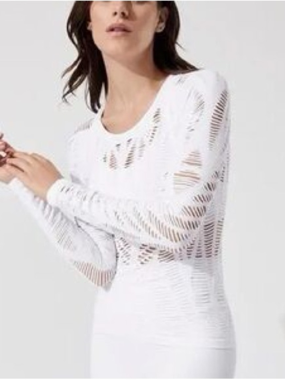 ALO Yoga White Open-Knit Long Sleeve Pullover laser cut out